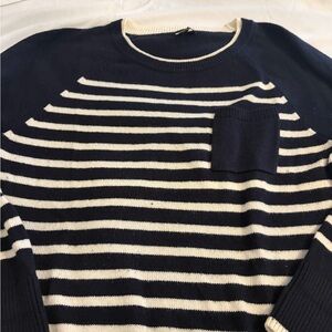 Talbots Women's Navy and Cream Striped Crewneck Sweater